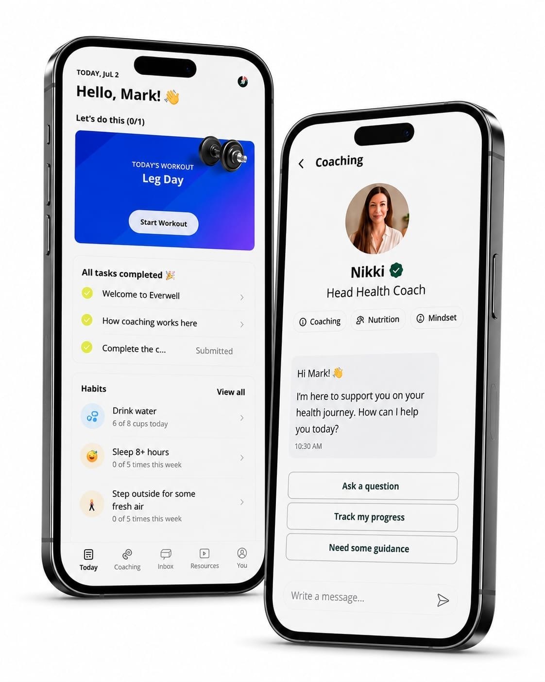 The Everwell app - daily plan and coaching screens